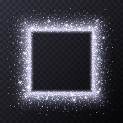 Silver square frame with sparkles and flares, abstract luminous particles, white stardust light effect isolated on a dark background. Xmas glares and sparks. Luxury backdrop. Vector illustration.