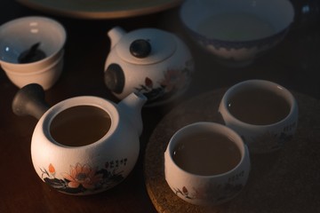 Chinese tea cups and pots in nice light. Tea set