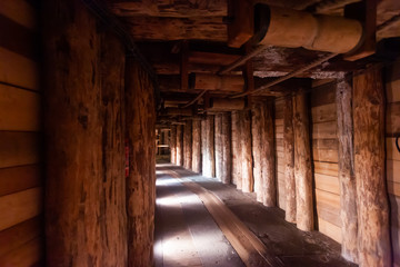 Fototapeta na wymiar Illuminated tunnels in old mines