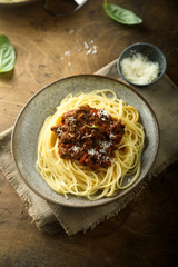 Homemade traditional pasta Bolognese with minced meat and tomato sauce
