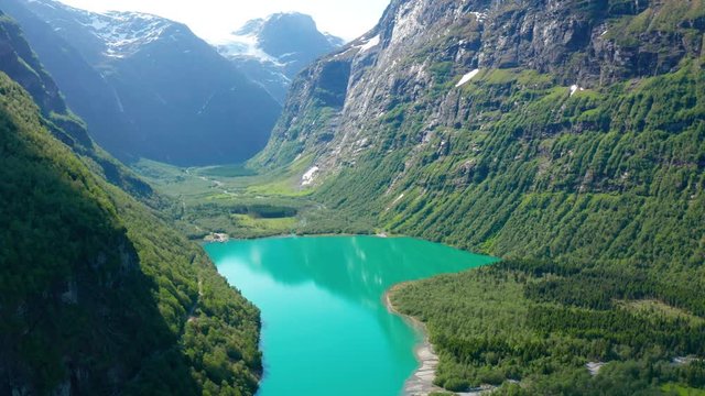 Aerial view of the lake Oldevatnet near Briksdalsbreen glacier in Norway