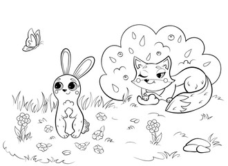 Coloring page outline of cute cartoon fox and hare. Vector image with forest background. Coloring book of forest wild animals for kids