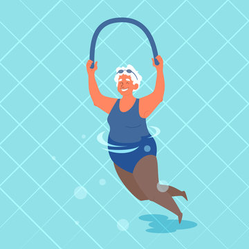 Old woman doing exercise with swimming pool noodle in her hands.