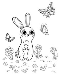 Coloring page outline of cute cartoon hare watching butterflies. Vector image with forest background. Coloring book of forest wild animals for kids