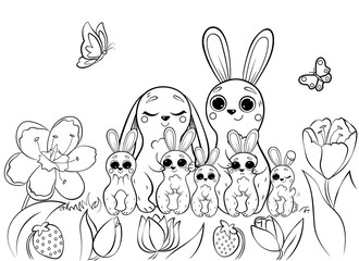 Coloring page outline of cute cartoon hare family with little bunnies in flowers. Vector image with forest background. Coloring book of forest wild animals for kids