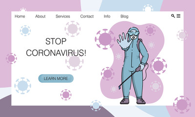 Man in protective suit disinfects street from coronavirus Covid 19. Concept of website, landing page design template
