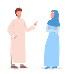 Muslim woman and man talk to each other. Arabian business man