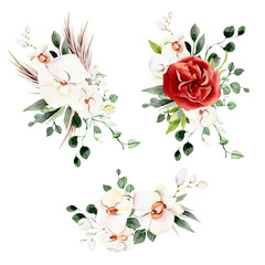Watercolor roses and orchid bouquets