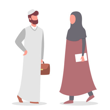 Muslim Woman And Man Talk To Each Other. Arabian Business Man
