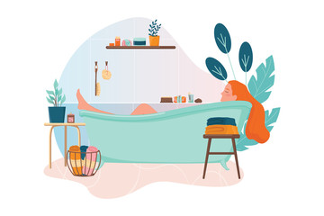 Woman taking a bath. Hygiene and beauty. Zero waste bathroom