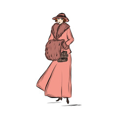 Lady in vintage pink coat, long skirt, hat holds Christmas gifts. Woman warming hands in muff. 