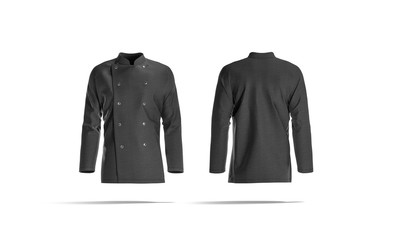 Blank black chef jacket with buttons mockup, front and back