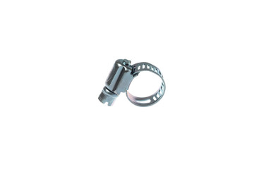 Adjustable steel hose clamp with a screw nut, isolated on white background