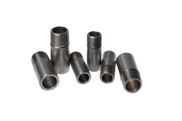 Set of different sizes stainless steel short pipes with external threads for welding, isolated on...