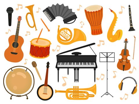 Musical instruments. Sound toys, music instrument for rhythm study. Flat isolated drum and flute, acoustic guitar and accordion vector set. Illustration music orchestra, instrument drum and guitar
