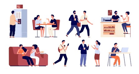 People with hot beverages. Flat young friends drink coffee or tea. Isolated male female characters with mugs and cups. Lunch time vector set. Coffee drink cup, tea beverage illustration