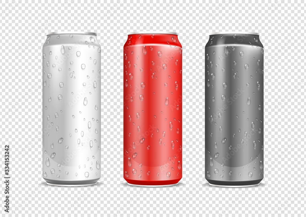 Wall mural aluminium cans. realistic water drops on drink package. red and metal can isolated on transparent ba