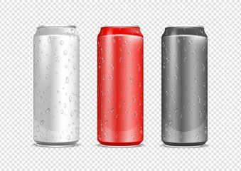 Aluminium cans. Realistic water drops on drink package. Red and metal can isolated on transparent background. Steel bottles vector set. Illustration aluminum container, beverage non-alcoholic