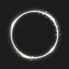 Circle silver frame. Neon lighting banner isolated on transparent background. Round glow and glitter effect vector design element. Light circle glow, glitter glowing illuminated illustration