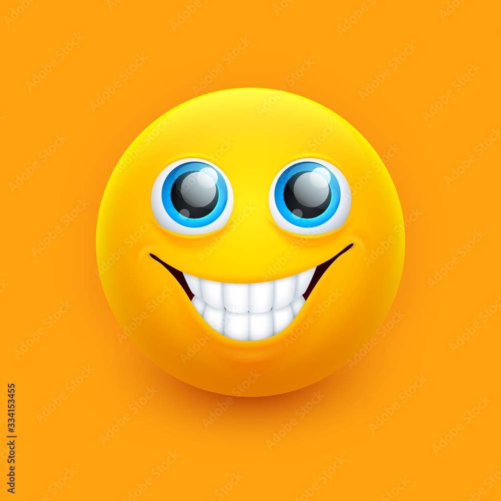 Sticker Smile emoji face. Cute eyes, emoticon symbol sticker. Happy white teeth smile, laughter comic character. 3d cute ball vector illustration. Smile yellow emotion, emoticon happiness