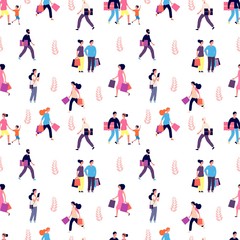 Fototapeta na wymiar Shopping people pattern. Happy smiley men women kids with shop bags. Walking persons vector background. Shopping family, woman and man with children illustration