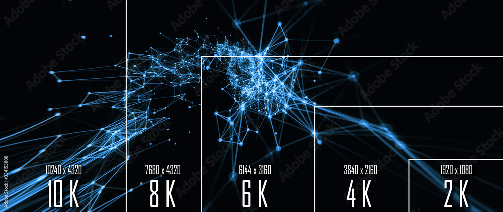 Poster 10k/ 8k/ 6k / 4k / 2k tv resolution display with comparison of resolutions. 3d render