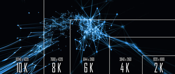 10K/ 8K/ 6K / 4K / 2K tv resolution display with comparison of resolutions. 3D render