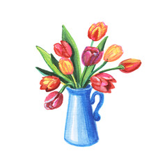 Bouquet of tulips in a vase. Watercolor illustration isolated on a white background.