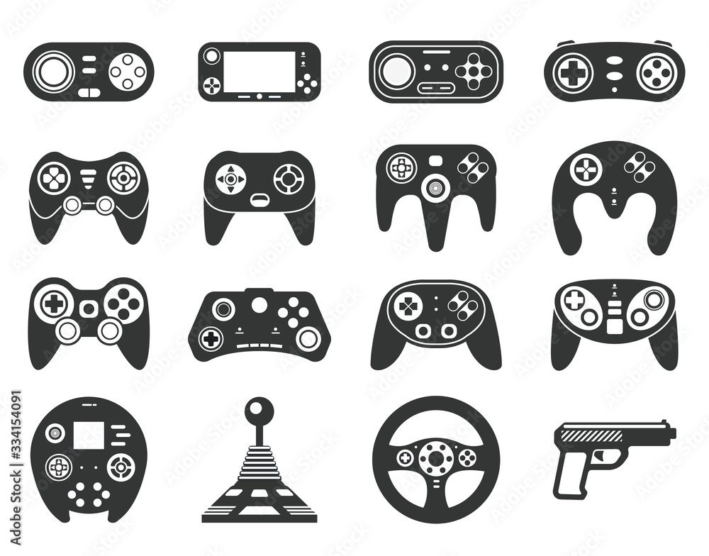 Poster black game console. video games joystick, playing device. isolated computer gadgets, controller and 