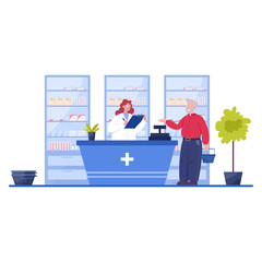 Modern pharmacy interior with visitor. Client order and buy