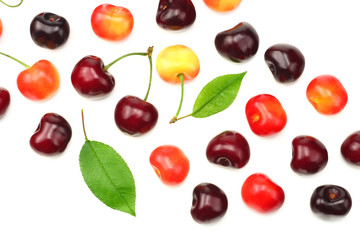 cherry with green leaf isolated on white background. Top view