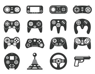 Black game console. Video games joystick, playing device. Isolated computer gadgets, controller and consoles silhouette. Gaming vector icons. Gadget game, play gaming entertainment illustration © MicroOne