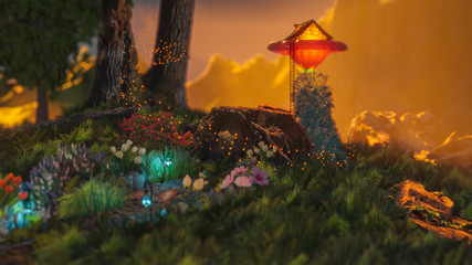 Fantasy Landscape with Small Mushroom house 3d rendering