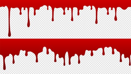 Dripping blood pattern. Isolated flowing red paint with drops borders. Medicine, science vector seamless element. Blood splatter, sweet blob liquid illustration © MicroOne