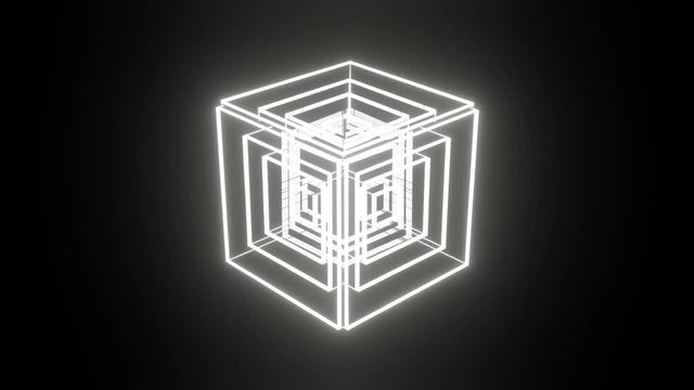 A wireframe cube element rotates (Loop).