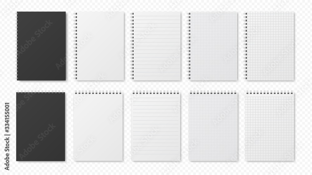 Poster realistic notepads. blank sheets, open planners. notebooks with lines and empty paper. isolated blac
