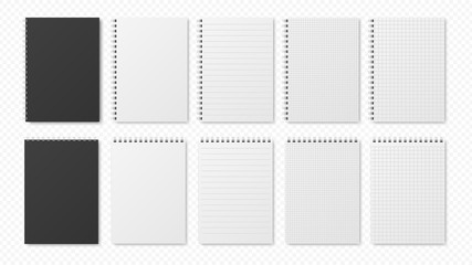 Realistic notepads. Blank sheets, open planners. Notebooks with lines and empty paper. Isolated black book cover with chrome spirals vector set. Planner realistic sheet, cover notepad illustration