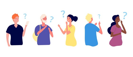 Thoughtful people. Curious girls, young thinking characters. Man has question, contemplative or pensive person. Problem solution vector illustration. Thinking human, adult think idea and question