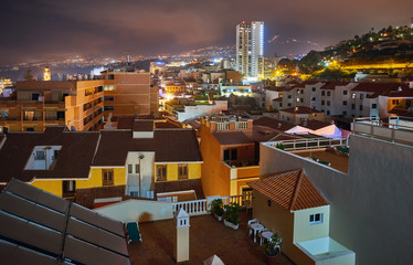 Puerto de la Cruz cityscape at night, Tenerife, Spain.