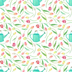Watercolor seamless pattern with watering cans and tulips on a white background. Gardening background. Print with mint watering can and spring flowers. © Tetiana