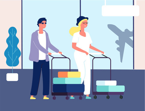 Couple in airport. Man woman with luggage. Tourists and suitcases, summer travellers terminal. People going rest travel transportation vector illustration. Couple go to holiday with baggage