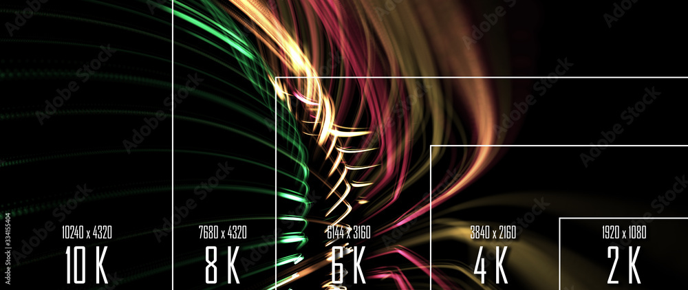 Poster 10k/ 8k/ 6k / 4k / 2k tv resolution display with comparison of resolutions. 3d render