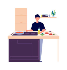 Man cooking breakfast. Guy on kitchen, frying or baking food. Student make eating vector illustration. Cooking food on kitchen, baking and preparing