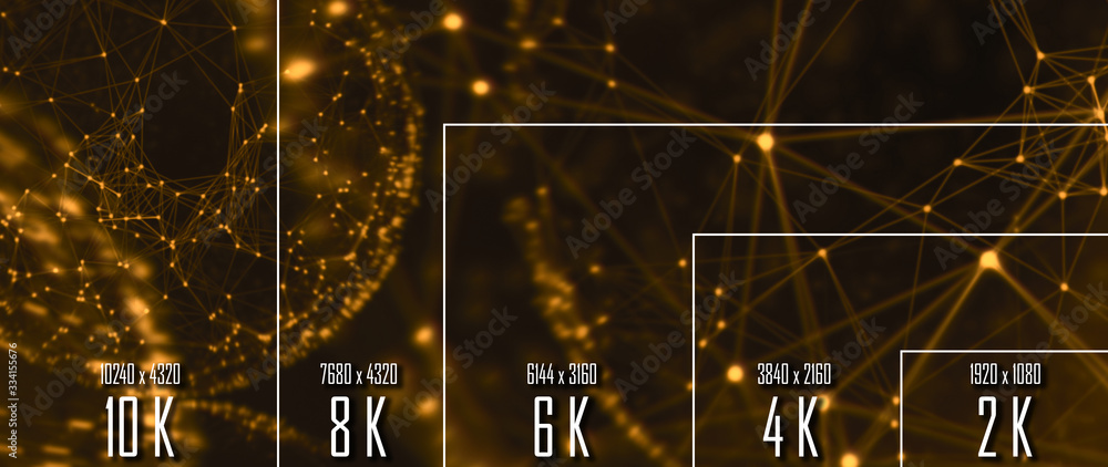 Poster 10k/ 8k/ 6k / 4k / 2k tv resolution display with comparison of resolutions. 3d render