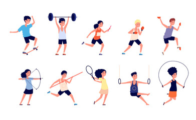 Kids activities. Athletics children, active boy girl characters. Kid sport, play and exercise. Summer games for street or park vector set. Sport boy and girl, collection athlete player illustration