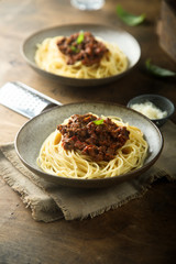 Homemade traditional pasta Bolognese with minced meat and tomato sauce