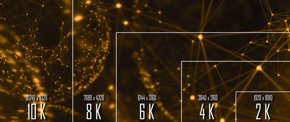 10K/ 8K/ 6K / 4K / 2K tv resolution display with comparison of resolutions. 3D render