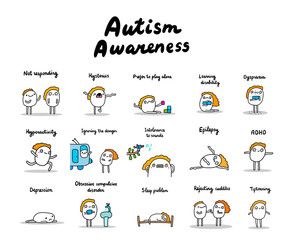 Autism awareness set of symptoms hand drawn vector illustrations in cartoon comic style people