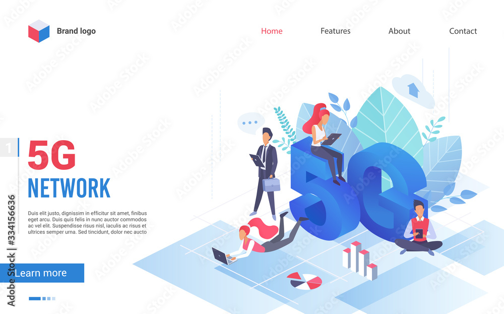 Aufkleber People with gadgets using extreme high speed 5g internet connection vector illustration website landing page concept. 5th generation network wireless technology, big data, fast web iot apps traffic