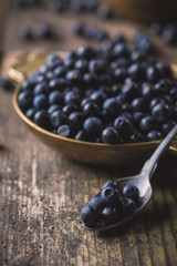 Brass plate with organic, wild forest blueberries on a rustic wooden table.